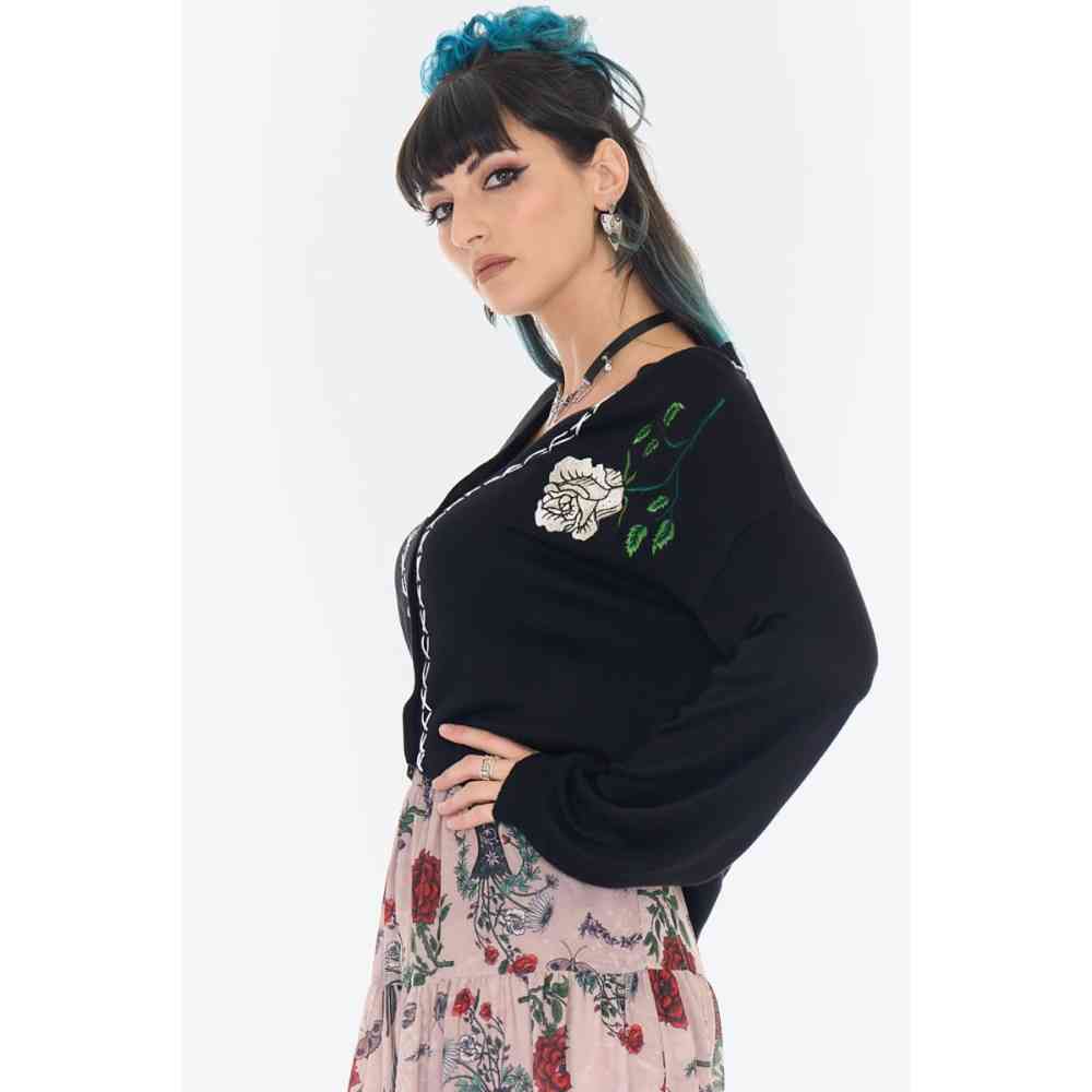 Jawbreaker - White Rose Embroidered Oversized Cardigan - Black